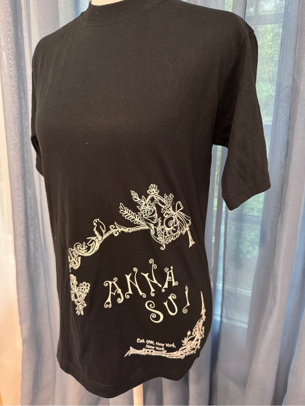 Anna Sui Authentic Black Tee with White Ornate Graphic